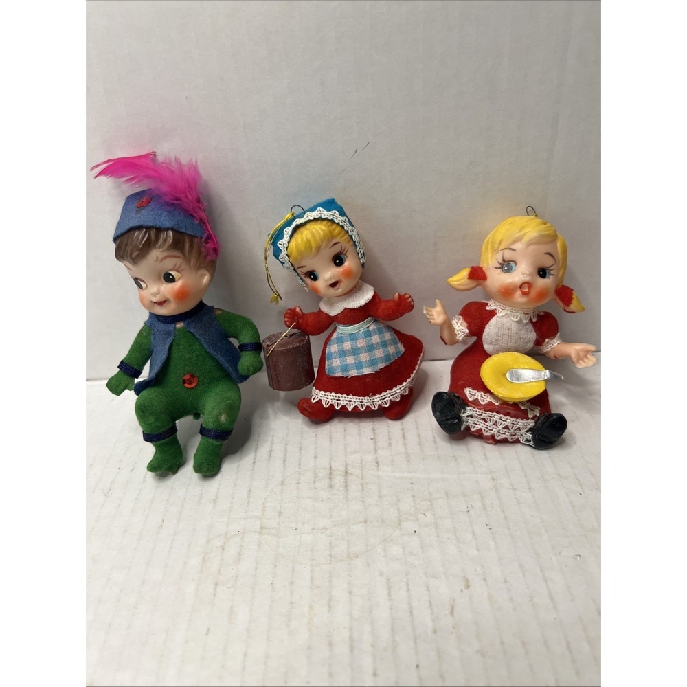 Set Of 3 Vintage Nursery Rhymes Flocked Blow Mold Ornaments Christmas